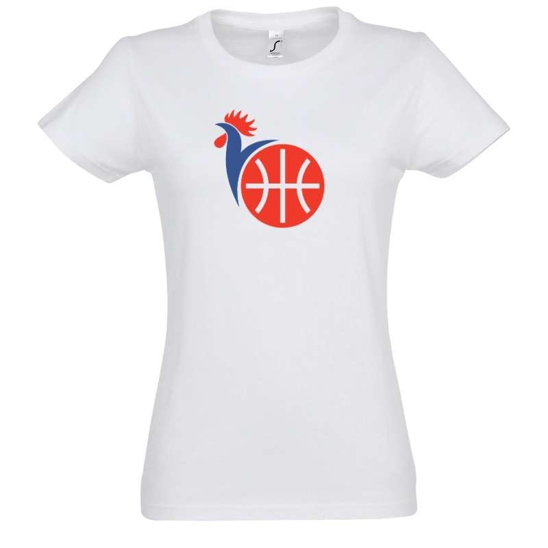 Tee-shirt basket ball blanc couleurs drapeau de l'Equipe de France design Coq modele bleu marine pour femme visuel TShirt Patriotes Femmes basketteuses Taille S M L XL 2XL 3XL  Bleu marine Noir