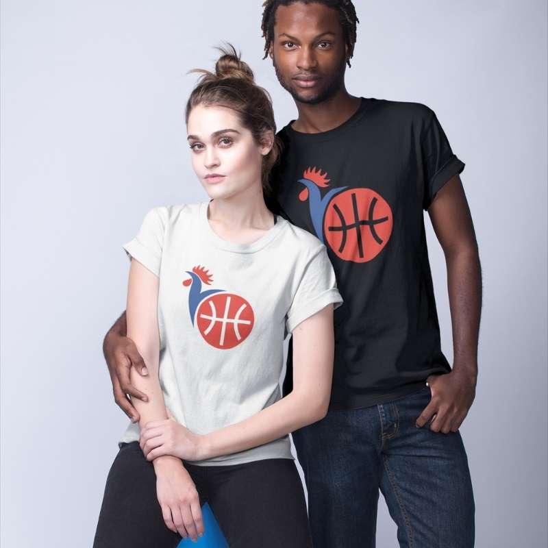 Tshirt basket France Equipe nationale basketball design Coq bleu blanc rouge modeles blanc et noir sur couple mixte avec visuel TeeShirts Patriote Femmes basketteuses Tailles S M L XL 2XL 3XL 