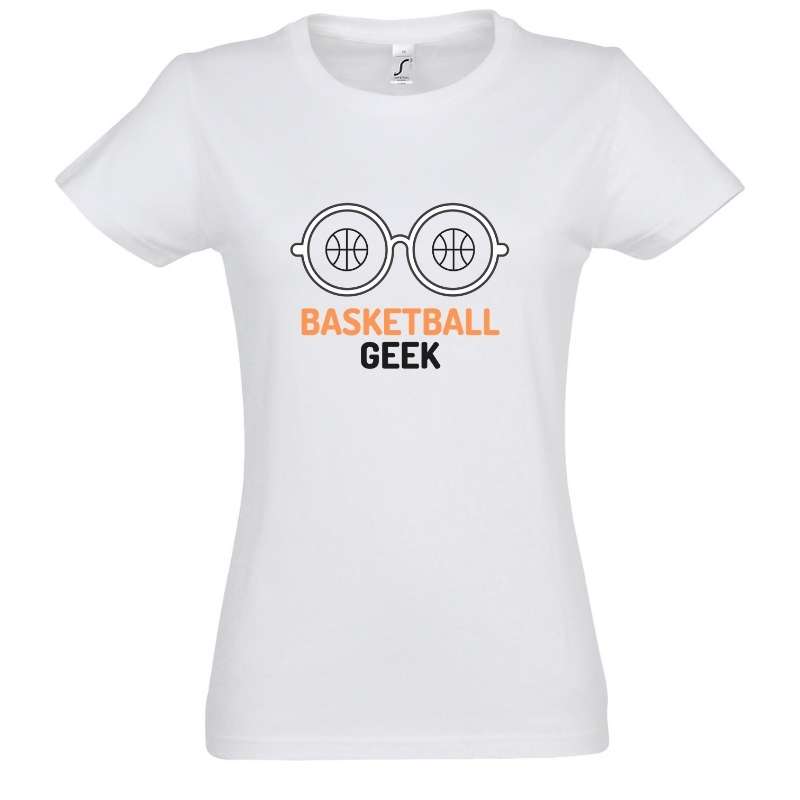 Tshirt basket ball femme Blanc pour basketteuse avec visuel design Lunettes BasketBall Geek TeeShirt Femmes basketteuses Taille S M L XL 2XL 3XL existe aussi en Bleu Marine et Noir