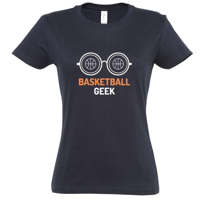 Teeshirt basket ball femme Bleu Marine pour basketteuse avec visuel design Lunettes BasketBall Geek TeeShirt Femmes basketteuses Taille S M L XL 2XL 3XL existe aussi en Noir et en Blanc