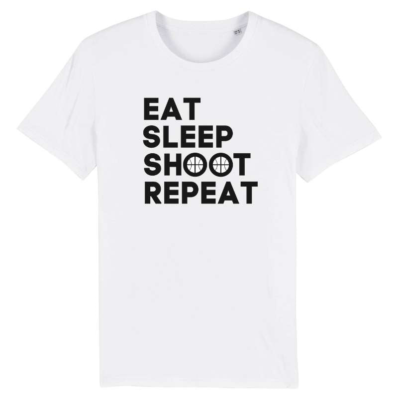 Tshirt basketball blanc homme pour basketteur avec visuel design Basket Ball Eat Sleep Shoot Repeat Lifestyle TeeShirt pour Hommes basketteurs Taille XS S M L XL 2XL 3XL 4XL 5XL noir bleu marine