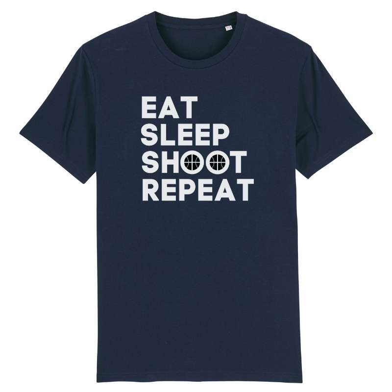 Tshirt basketball bleu marine homme pour basketteur avec visuel design Basket Ball Eat Sleep Shoot Repeat Lifestyle TeeShirt pour Hommes basketteurs Taille XS S M L XL 2XL 3XL 4XL 5XL blanc noir