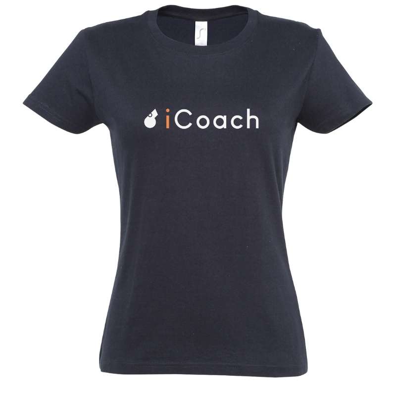 Tshirt basket ball Bleu marine femme pour basketteuse avec visuel design basketball I COACH Parodie Apple Logo IPhone humour TeeShirt femmes basketteuses coachs Taille S M L XL 2XL 3XL noir blanc