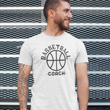 T shirt Basketball coachs modele blanc avec illustration ballon de basket et écrit basket ball coach sur mannequin Homme Tee Shirt Homme basketteur Tailles XS S M L XL 2XL 3XL 4XL 5XL