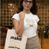 T-shirt avec design visuel Lunettes et écrit BaskettBall Geek modèle blanc mannequin femme Tee-shirt Femmes basketteuses Tailles S M L XL 2XL 3XL