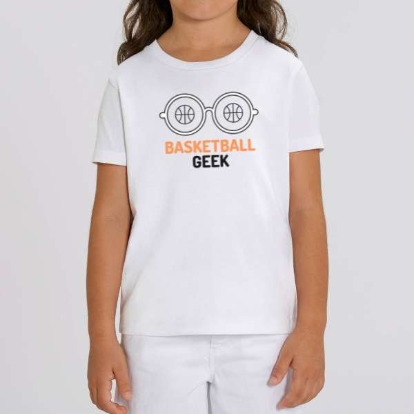 T shirt Blanc Fille avec design visuel Lunettes et écrit BaskettBall Geek modele mannequin Enfant Tee-shirt Enfants basketteur basketteuses Tailles 2 ANS 4 ans 6 ans 8 ans 10 ans 12 ans