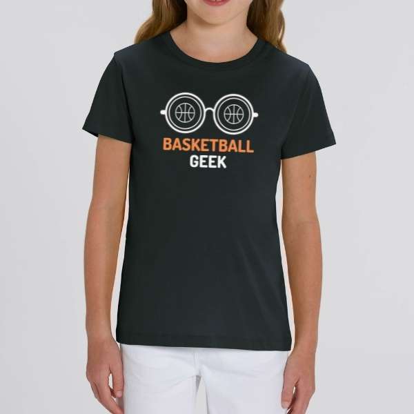 T shirt Noir Fille avec design visuel Lunettes et écrit BaskettBall Geek modele mannequin Enfant Tee-shirt Enfants basketteur basketteuses Tailles 2 ANS 4 ans 6 ans 8 ans 10 ans 12 ans