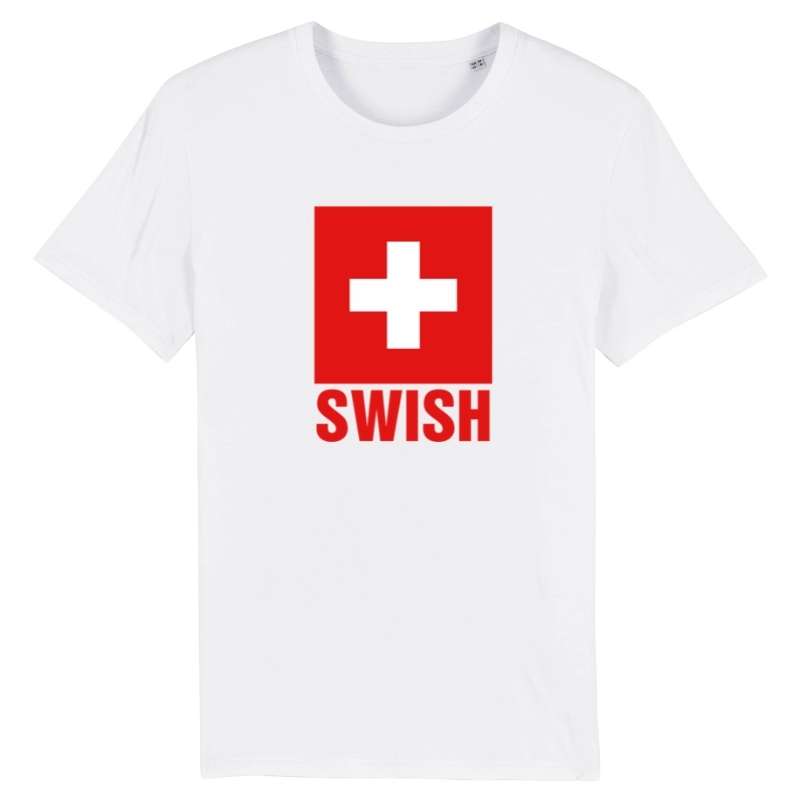 T-shirt basket ball avec le mot culte swish blanc pour homme avec visuel design du drapeau suisse Tee Shirt de Patriote pour les Hommes basketteurs ou supporters de l'équipe nationale Taille XS S M L XL 2XL 3XL 4XL 5XL Bleu Marine Noir Rouge