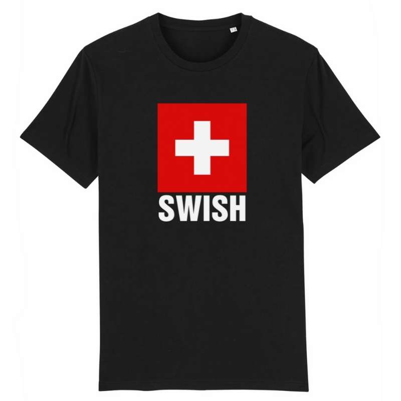 T-shirt basket ball avec le mot culte swish modele couleur Noir pour homme avec visuel design du drapeau suisse Tee Shirt de Patriote pour les Hommes basketteurs ou supporters de l'equipe nationale Taille XS S M L XL 2XL 3XL 4XL 5XL Bleu Marine Blanc Rouge