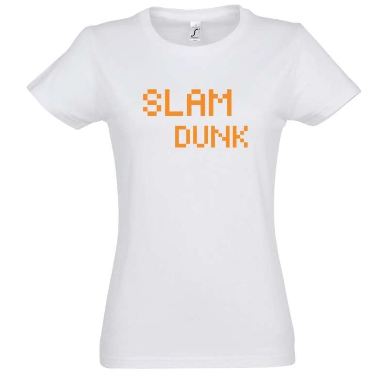 T-shirt basket ball Geek femme Blanc pour basketteuse gameuse avec visuel design pixels slam dunk jeu vidéo orange Tee-Shirt Basketball Femmes basketteuses Taille S M L XL 2XL 3XL existe aussi en noir et en bleu marine