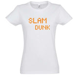 T-shirt basket ball Geek femme Blanc pour basketteuse gameuse avec visuel design pixels slam dunk jeu vidéo orange Tee-Shirt Basketball Femmes basketteuses Taille S M L XL 2XL 3XL existe aussi en noir et en bleu marine