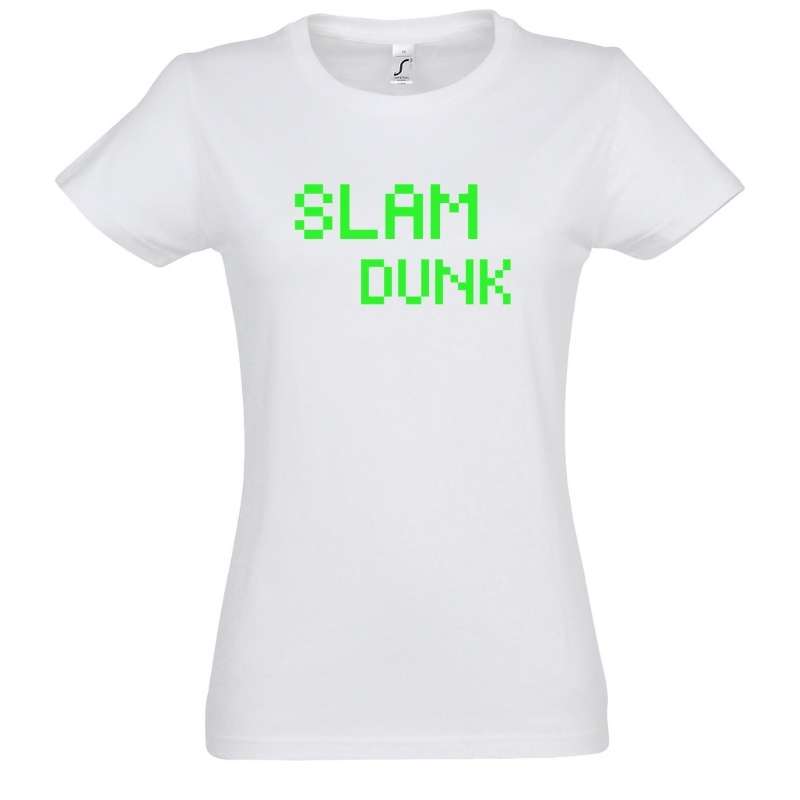 T-shirt basket ball Geek femme Blanc pour basketteuse gameuse avec visuel design pixels slam dunk jeu vidéo vert Tee-Shirt Basketball Femmes basketteuses Taille S M L XL 2XL 3XL existe aussi en noir et en bleu marine