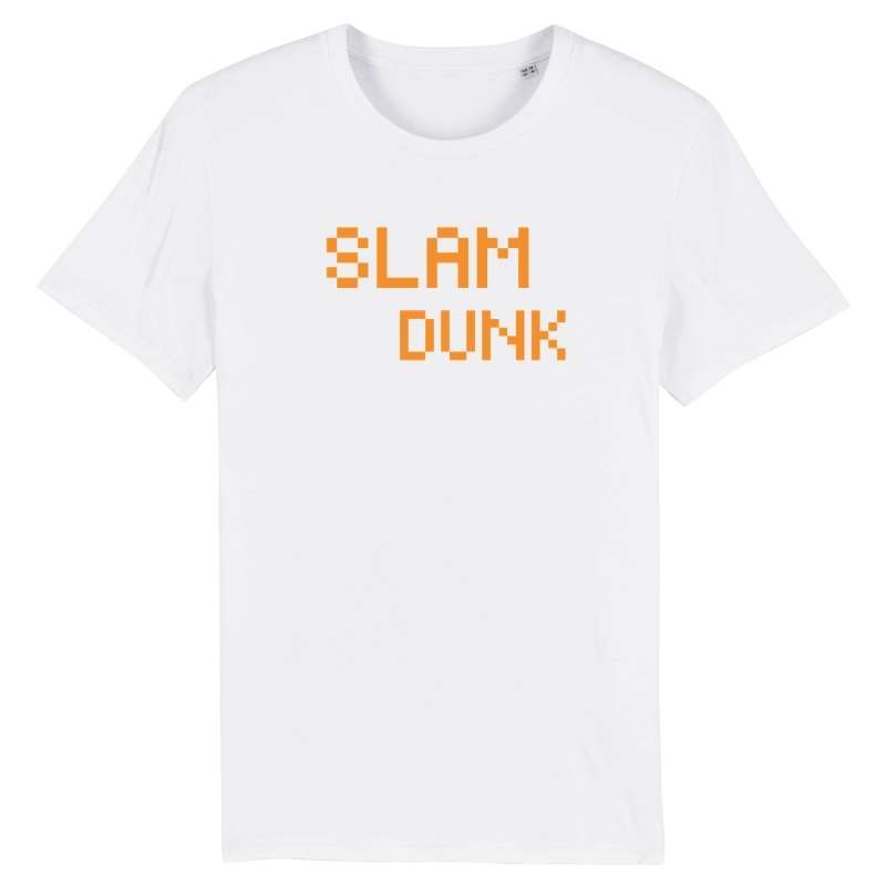 Tshirt basket ball Geek Blanc homme pour basketteur gamer avec visuel design pixels slam dunk orange TeeShirt BasketBall Hommes basketteurs Taille XS S M L XL 2XL 3XL 4XL 5XL Noir Blanc