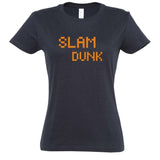 T-shirt basket ball Geek femme Bleu Marine pour basketteuse gameuse avec visuel design pixels slam dunk jeu vidéo orange Tee-Shirt Basketball Femmes basketteuses Taille S M L XL 2XL 3XL existe aussi en noir et en blanc