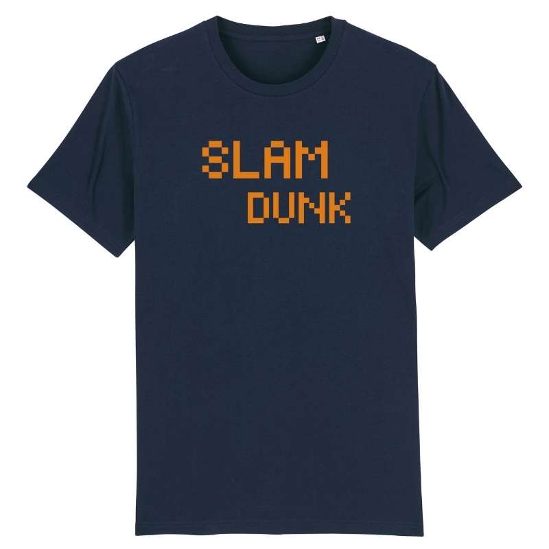 Tshirt basket ball Geek Bleu Marine homme pour basketteur gamer avec visuel design pixels slam dunk orange TeeShirt BasketBall Hommes basketteurs Taille XS S M L XL 2XL 3XL 4XL 5XL Noir Blanc