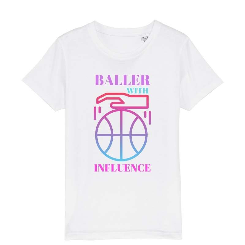 T-shirt basketball Blanc Enfant pour basketteur basketteuse avec visuel design Basket Ball BALLER WITH INFLUENCE Lifestyle TeeShirt pour Enfants basketteur basketteuses Taille 2 ANS 4 ans 6 ans 8 ans 10 ans 12 ans noir bleu marine