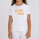 T shirt Basketball Geek Gamer modele blanc avec ecrit slam Dunk en couleur orange sur mannequin Filles Tee Shirt Enfant fille basketteuse Tailles 2 ANS 4 ans 6 ans 8 ans 10 ans 12 ans