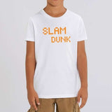 T shirt Basketball Geek Gamer modele blanc avec ecrit slam Dunk en couleur orange sur mannequin Garçons Filles Tee Shirt Enfant basketteur basketteuse Tailles 2 ANS 4 ans 6 ans 8 ans 10 ans 12 ans