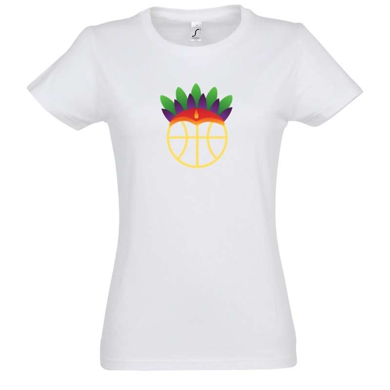 T shirt basketball Blanc pour femme basketteuse avec visuel Amazon coiffe de tribu sur un ballon de Basket Ball TeeShirts pour basketteuses Taille S M L XL 2XL 3XL Noir Bleu Marine