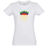 T shirt basketball Blanc pour femme basketteuse avec visuel Amazon coiffe de tribu sur un ballon de Basket Ball TeeShirts pour basketteuses Taille S M L XL 2XL 3XL Noir Bleu Marine
