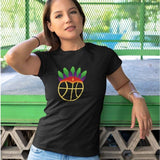 Teeshirt BasketBall noir visuel design Amazon coiffe de tribu sur un ballon de Basket Ball porté par mannequin fille TeeShirts Femmes basketteuses modèles Noir Bleu marine Blanc Taille S M L XL 2XL 3XL
