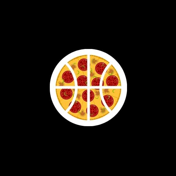 Visuel design Teeshirt de basket ball Geek avec dessin de Pizza partagée en ballon de Basketball sur fond Noir pour homme basketteur TeeShirts pour basketteurs Geeks