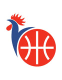 Visuel design sur fond blanc pour Tshirt basketball Equipe de France de basket ball avec illustration du Coq aux couleurs du drapeau bleu blanc rouge femmes Tee Shirt Patriote Femme basketteuse