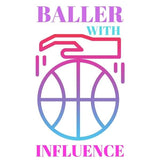 Visuel sur fond Blanc design Sweatshirt de basket ball Lifestyle avec écrit la phrase Baller With Influence Sweat à col rond pour Femme basketteuse beaux Sweats à cols ronds pour basketteuses