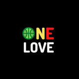 Visuel sur fond Noir design Sweatshirt de basket ball Lifestyle aux couleurs phares de l'Afrique avec écrit la phrase ONE LOVE Vert Jaune Rouge Clin d'oeil ligue africaine et Phrase Culte de Bob Marley le Chanteur de Reggae Sweat pour Homme basketteur beaux Sweats pour basketteurs