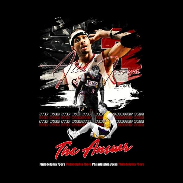  Visuel sur fond Noir design Tshirt Allen Iverson avec la Photo du joueur NBA de basketball des Philadelphie Sixers pour Femme basketteuse beaux TeeShirts pour basketteuses