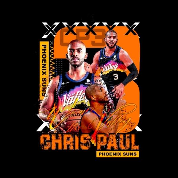  Visuel sur fond Noir design T-shirt Chris Paul avec montage photos du joueur NBA de basketball pour Femme basketteuse beaux Tee Shirts basketteuses