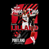 Visuel sur fond Noir design T-shirt Damian Lillard avec montage photos du joueur NBA de basketball des Trail Blazers de Portland et écrit la mention "Dame Time" pour Femme basketteur beaux Tee Shirts basketteuses