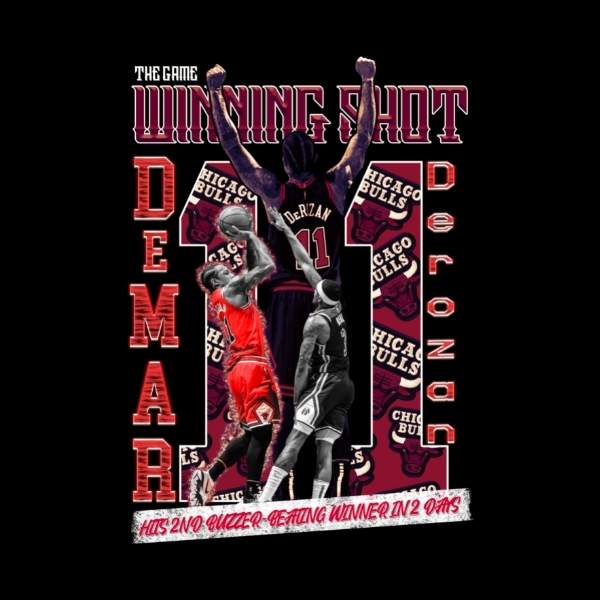 Visuel sur fond Noir design T-shirt Demar Derozan avec montage photos du joueur NBA de basketball des Chicago Bulls pour Homme basketteur beaux Tee Shirts basketteurs