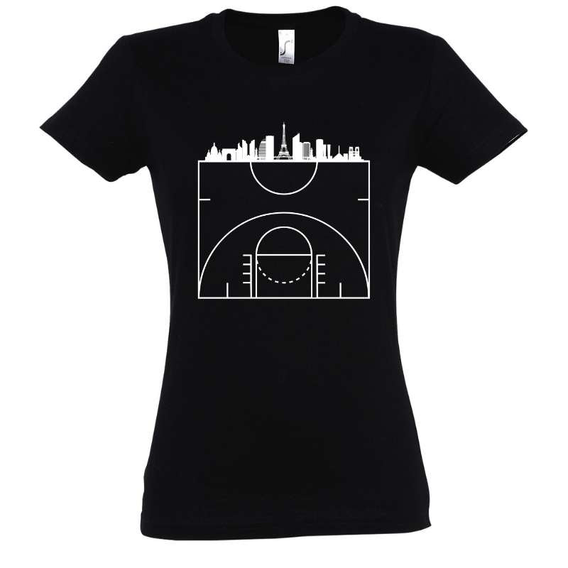 Tee-shirt de basket ball Femme Noir design visuel Court Map carte de Paris terrain de bball sous la capitale francaise TShirts pour Femmes basketteuses Taille S M L XL 2XL 3XL existe aussi en couleurs Bleu marine et Blanc
