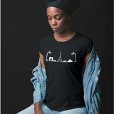 T-shirt basket noir Femmes bball porté par mannequin fille avec design de paniers de baskets et pictogrammes symboles des monuments de Paris la capitale francaise TeeShirt Femme basketteuse Tailles S M L XL 2XL 3XL 