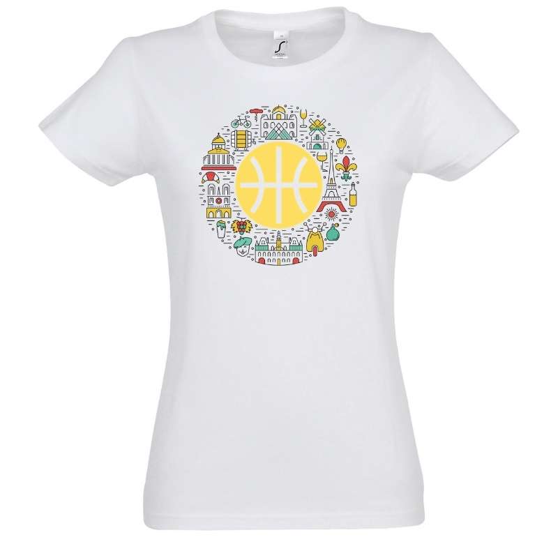 Tee-shirt basket ball blanc Femme visuel avec design ballon entouré d'illustrations artistiques pictogrammes de la capitale française Paris T-shirts Basketball pour Femmes basketteuses Taille S M L XL 2XL 3XL 